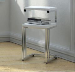 White Finish Chrome Side End Snack Table Perfect Space for Storing Books and Magazines