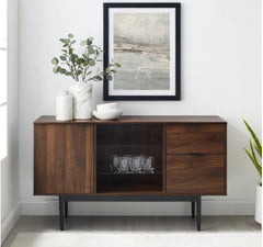 52-inch Modern Sideboard - Dark Walnut Open, Adjustable Tempered Glass Shelving, One Cabinet Door, Two Drawers