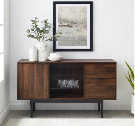 52-inch Modern Sideboard - Dark Walnut Open, Adjustable Tempered Glass Shelving, One Cabinet Door, Two Drawers