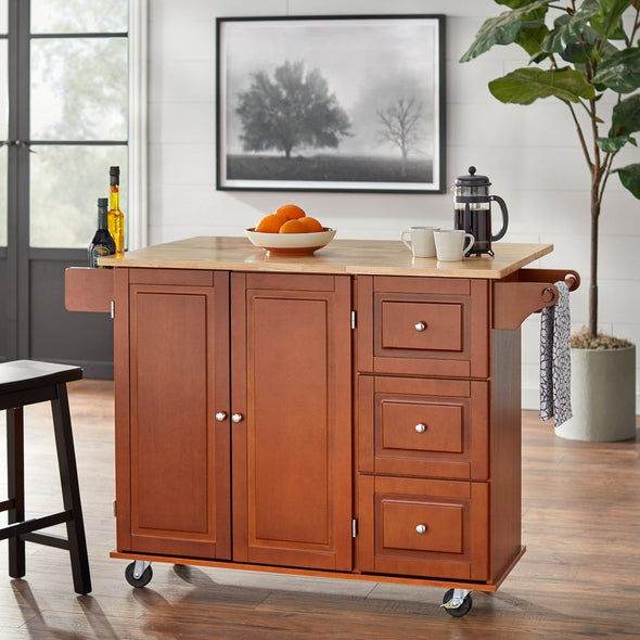 3-drawer Drop Leaf Kitchen Cart Cherry Expand your Kitchen Storage with this Three Drawers A Two-Door Cabinet