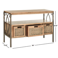 Antiuque Pewter 36'' Solid Wood Console Table Extra Shelf and Three Roomy Drawers with Woven Wicker Fronts