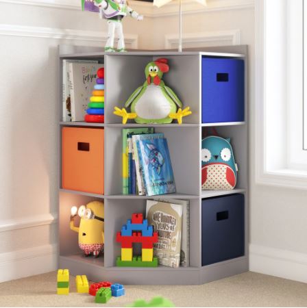 6-Cubby, 3-Shelf Corner Cabinet - Grey Perfect for Displaying and Organizing Toys, Books, Supplies