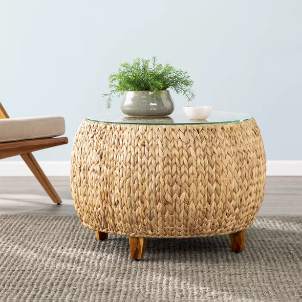 Brown Coffee Table Rattan/Wicker Tempered Glass Table Top Perefct for Living Room