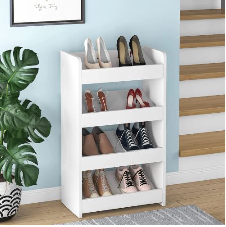 Wood Shoe Rack, 4-Tier Shoe Storage Organizer, White Open Shoe Storage Affect the Decoration Style