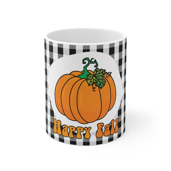 Happy Fall mug - Pumpkin Garden Mug with Buffalo Plaid Design - Outdoor Fall Decor - Print on Front Side Mug 11oz