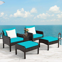 5 Pieces Patio Rattan Sofa Ottoman Furniture Set with Cushions