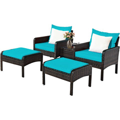 5 Pieces Patio Rattan Sofa Ottoman Furniture Set with Cushions