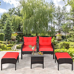 5 Pieces Patio Rattan Sofa Ottoman Furniture Set with Cushions