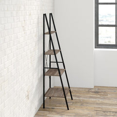 Weathered Gray Steel Ladder Bookcase Open Silhouette Decor Objects and Knickknacks Wood Shelves