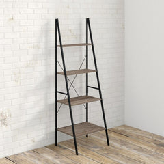 Weathered Gray Steel Ladder Bookcase Open Silhouette Decor Objects and Knickknacks Wood Shelves