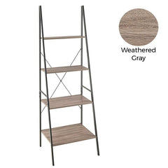 Weathered Gray Steel Ladder Bookcase Open Silhouette Decor Objects and Knickknacks Wood Shelves