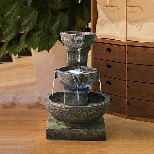 Resin Outdoor Waterfall Relaxing Soothing Fountain with Light 3-Tier Bowl Garden Fountain is Suitable for Decor Indoor and Outdoor