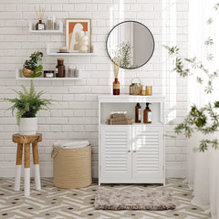 VASAGLE Bathroom Storage Floor Cabinet Free Standing with Double Shutter Door and Adjustable Shelf White