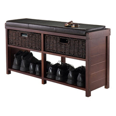 Winsome Wood Colin Storage Bench, Seat Cushion & 2 Foldable Chocolate Corn Husk Baskets, Cappuccino Finish