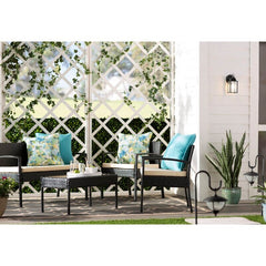 Off-White/Ivory 4 Person Seating Group with Cushions Your Outdoor Hangout Space Our-Piece Patio Conversation Set Rectangular Coffee Table