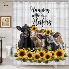 Farm Animal Cow Shower Curtain, Cute Cattle Flowers Funny Quote Shower Curtain, Rustic Wooden Farmhouse Fabric Shower Curtain for Bathroom K