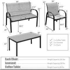 4 Pieces Patio Furniture Set with Glass Top Coffee Table