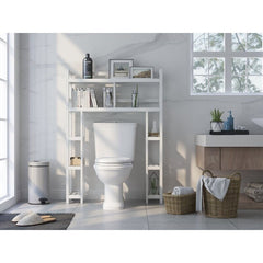 Solid Wood Over The Toilet Storage Freestanding Piece Features Six Smaller Side Shelves and Two Wider Upper Shelves