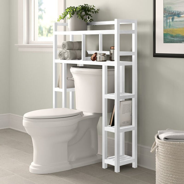 Solid Wood Over The Toilet Storage Freestanding Piece Features Six Smaller Side Shelves and Two Wider Upper Shelves