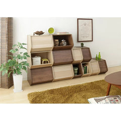 Light Brown Narrow Stack Wood Box Narrow Angled Storage Shelves with Retractable Door Stack up to Three Storage Boxes Vertically