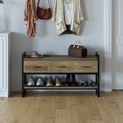 Rustic Brown 5 Pair Shoe Storage Bench Great Your Entryway 4 to 5 Pairs of Shoes Removable and Washable. Three Pull-Out Drawers Organize