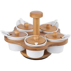 5 Pcs Ceramic Condiment Pots Spice Jars With Bamboo Rack 360 Rotatable & Serving Spoons, Sugar Bowl Salt Seasoning Container For Kitchen