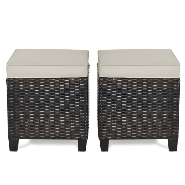 2 Pieces Patio Rattan Ottoman Cushioned Seat