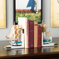 Nautical Non-skid Bookends These Nautical Bookend for Shelves Feature a Ship Cut on the Midsection and Placed on L-Shaped Wood Slat Platform