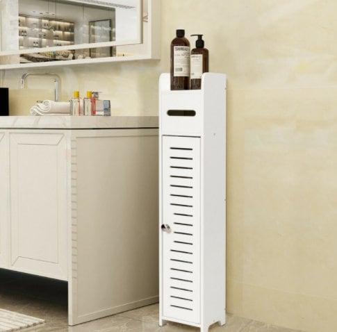 Small Bathroom Storage Corner Floor Cabinet Tissue Corner Stand Cabinet Storage Space with 1 Top Tissue Compartment, 2 Bottom Shelves