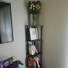 Dark Dusty Oak Plastic Corner Bookcase Five Shelves, Keep Your Favorite Reads on Hand or Display Framed Family Photos