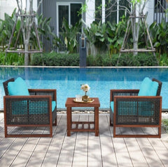 Turquoise 3 Pcs Patio Wicker Furniture Sofa Set with Wooden Frame and Cushion Coffee Table with 2 Shelves Provides Sufficient Storage Space