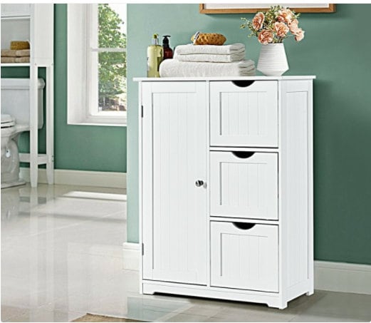 Bathroom Floor Cabinet Side Storage Cabinet with 3 Drawers and 1 Cupboard  Multipurpose Storage Cabinet Adjustable Shelf