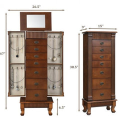 Free Standing Wooden Jewelry Armoire Cabinet Storage Chest with 7 Drawers and 2 Swing Doors 12 Heavy Duty Hooks And 2 Space-Saving Side Door