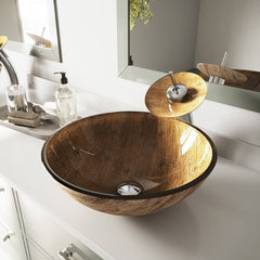 Brown Tempered Glass Handmade Circular Vessel Bathroom Sink Perfectly Rounded Shape and Standard Drain Opening Easily