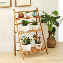 Bamboo Ladder Plant Stand 3 Tier Foldable Plant Display Shelf Rack Flower Pot Stand Organizer For Indoor Outdoor Home Patio Garden Balcony