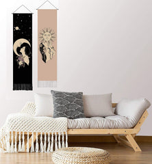 2 Pack Bohemian Sun & Moon Tapestry Wall Hanging Aesthethic Vertical Decor w/ Fringe 13x53