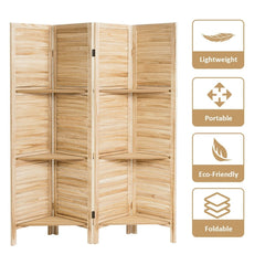 4 Panel Room Divider Folding Privacy Wooden Screen with Three Clever Shelf Portable Partition Screen Screen Wood for Home Office