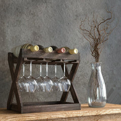 4 Bottle Solid Wood Tabletop Wine Bottle & Glass Rack in Torched Brown Bottle Holders and Stemware Racks