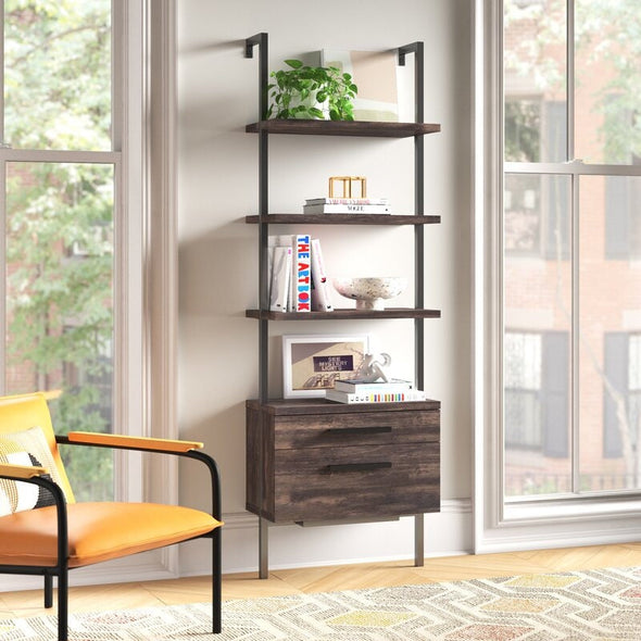 Steel Ladder Bookcase Vintage Wall-Mount Style Industrial Bookcase or Shelf with Drawers Metal Steel Frame Bookshelf Has Open Case