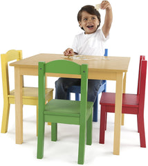 Includes Rectangular Table and 4 chairs Set Kids Wood Table Natural/Primary 4 Bright Colors