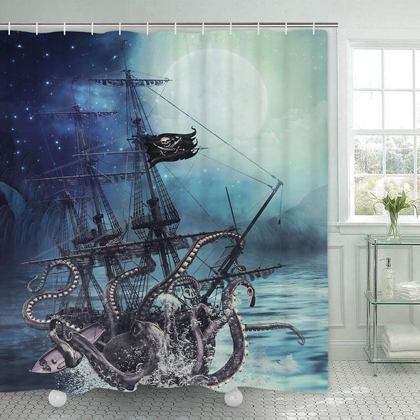 Octopus Shower Curtain Ocean Kraken Attack Nautical Pirate Ship Shower Curtain with 12 Hooks, Octopus Tentacles Sailboat Wave Mountain Under