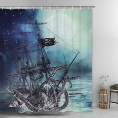 Octopus Shower Curtain Ocean Kraken Attack Nautical Pirate Ship Shower Curtain with 12 Hooks, Octopus Tentacles Sailboat Wave Mountain Under