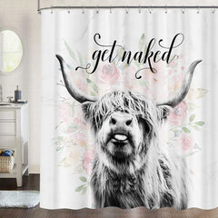 Get Naked Shower Curtain Farmhouse Highland Shower Curtain, Funny Animal Cattle Bull Cow Floral  72x72Inch Western Bathroom