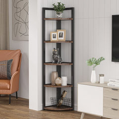 Rustic Brown Steel Corner Rustic Corner Storage Rack Plant Stands Small Bookshelf for Living Room, Home Office, Kitchen, Small Space