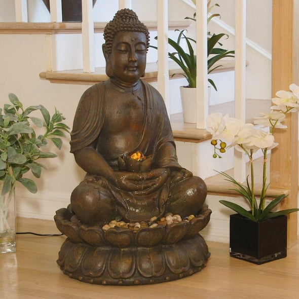 Outdoor Meditating Buddha Fountain with Light Fountain is Perfect for your Garden, Patio, Deck, Porch, or Yard Space. Looks Great Indoors