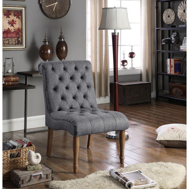 Ash Gray Linen Side Chair Perfect Unit for Your Dressing or Lounging Room Armless Style Diamond-Shaped Tufted Buttons Soft Linen Fabric