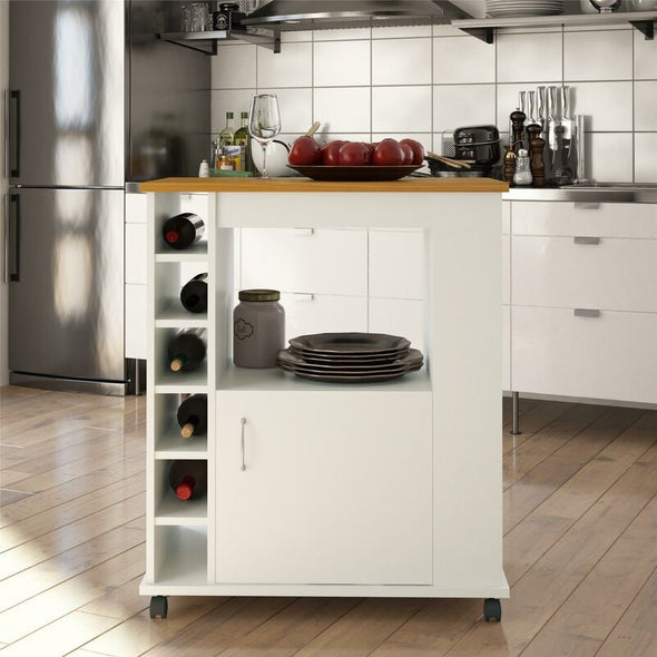 White Natural Kitchen Cart with Locking Wheels Open Shelf and Bottom Cabinet Kitchen Cart Provides the Extra Room you Need