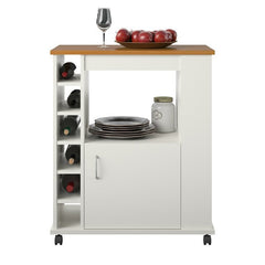 White Natural Kitchen Cart with Locking Wheels Open Shelf and Bottom Cabinet Kitchen Cart Provides the Extra Room you Need