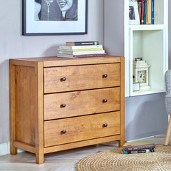 Rustic Oak 3 Drawer Dresser Three-Drawer Accent Chest Stands on in Style. Perfect for Storing for Hallway, Bedroom, or Living Space,