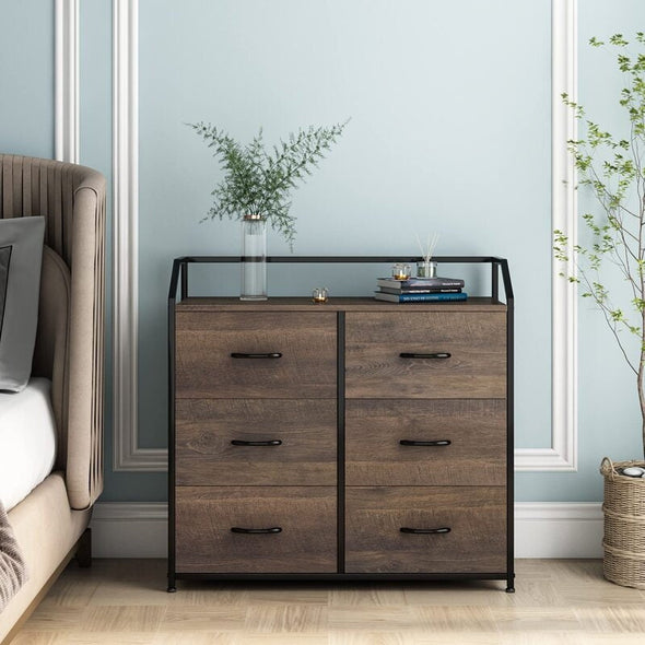 Dark Brown Midfield 6 Drawer Double Dresser 6 Removable and Removable Drawers with Easy-To-Pull Wooden Handles.Storage Drawers